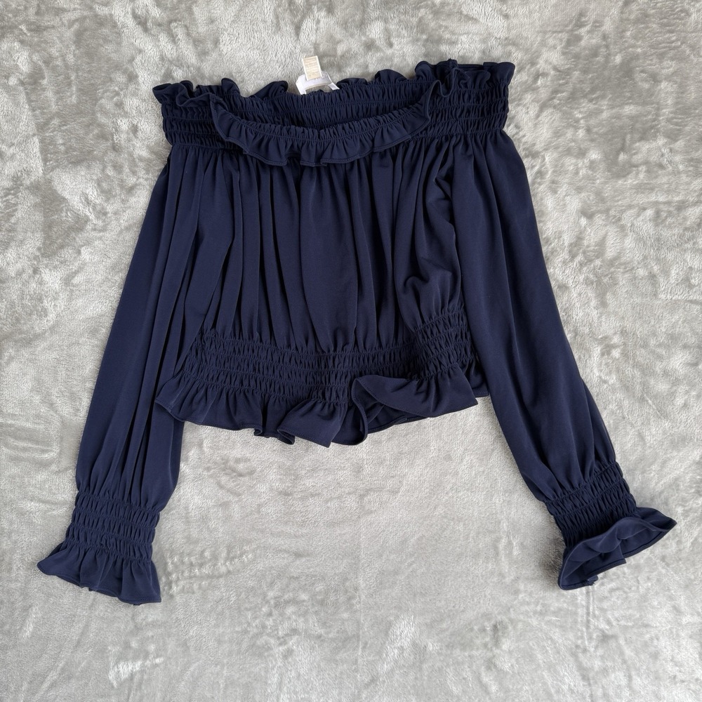 Michael Kors Romantic Boho Off Shoulder Smock Waist Ruffle Navy Peplum Blouse Lg - Picture 2 of 5